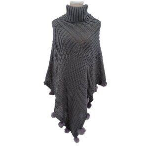 Dark Gray Turtleneck Pom Pom Knit Poncho Sweater Women's OS Relaxed Lounge Wear